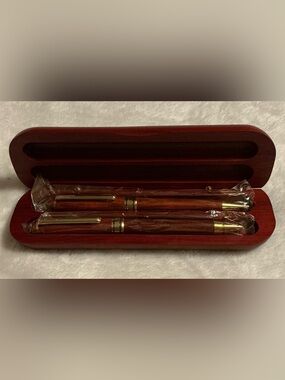 Classic Rosewood Ballpoint Pen And Pencil Set - Brown with Gold Trim - Brand New